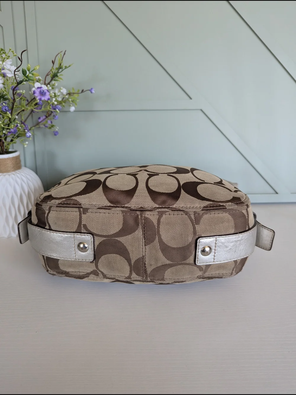 Coach Signature Canvas Hobo Bag in Brown and Metallic Taupe